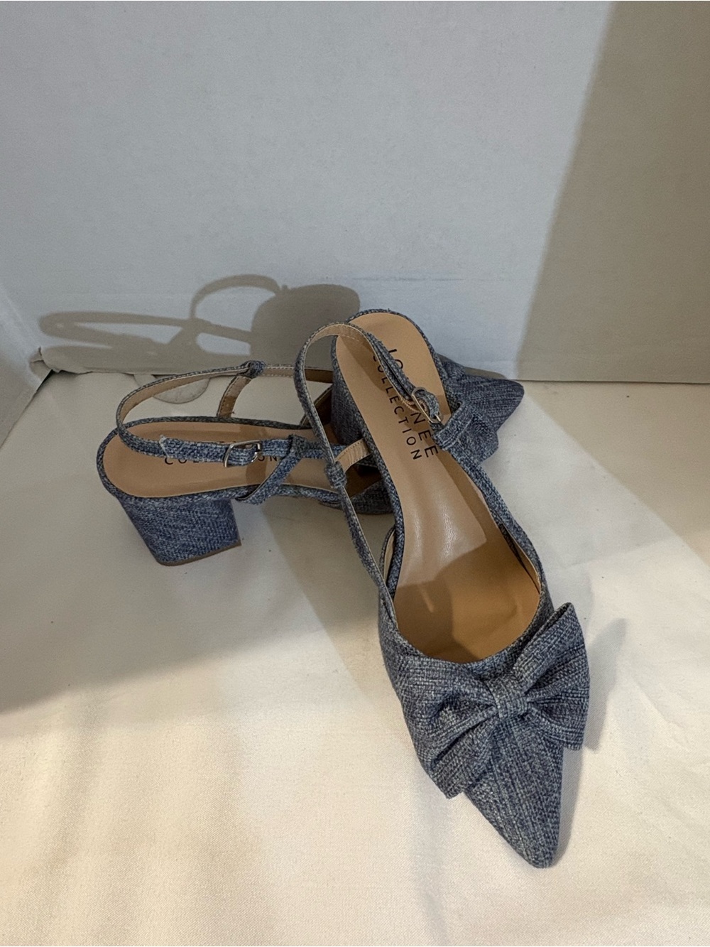 Journee Slingback Block Heel Pumps denim fabric bow on pointed toe women’s SZ 7